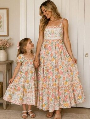 Rachel Zoe Pastel Floral Women's Maxi and Girls Dress (Size 5)- Sold As Set